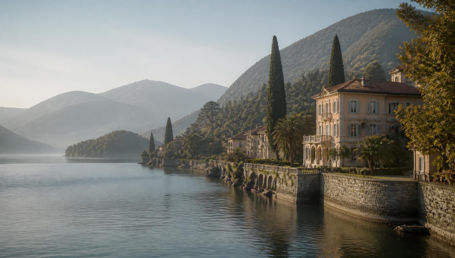 Lake Maggiore at dawn near Verbania, with lakefront villas, cypress trees and layered mountains across the water